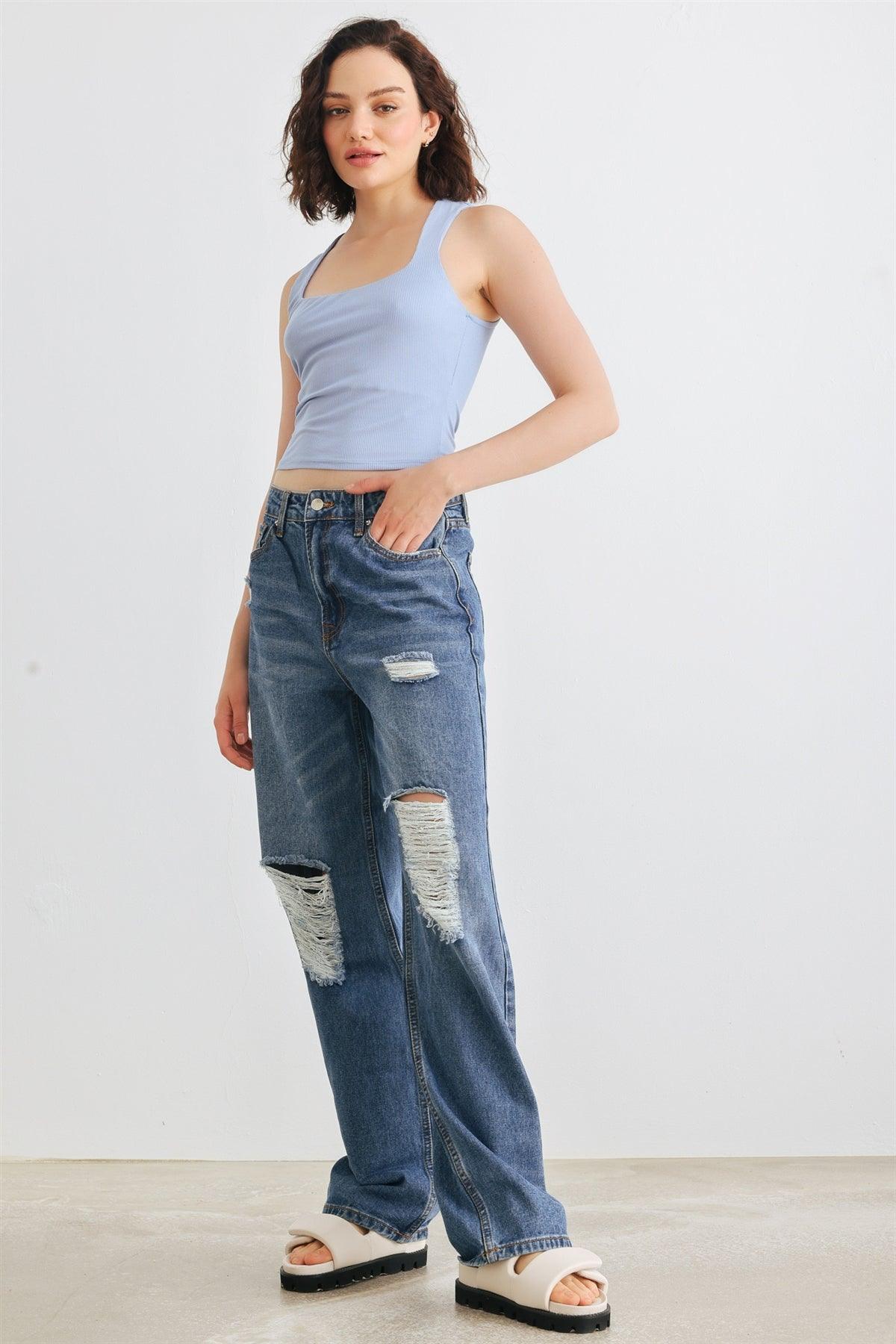 Medium Blue Denim Five Pocket Distressed High Waist Jeans - 2-2-2-2-2-2-2-2/1, 11, 13, 15, 3, 5, 7, 9