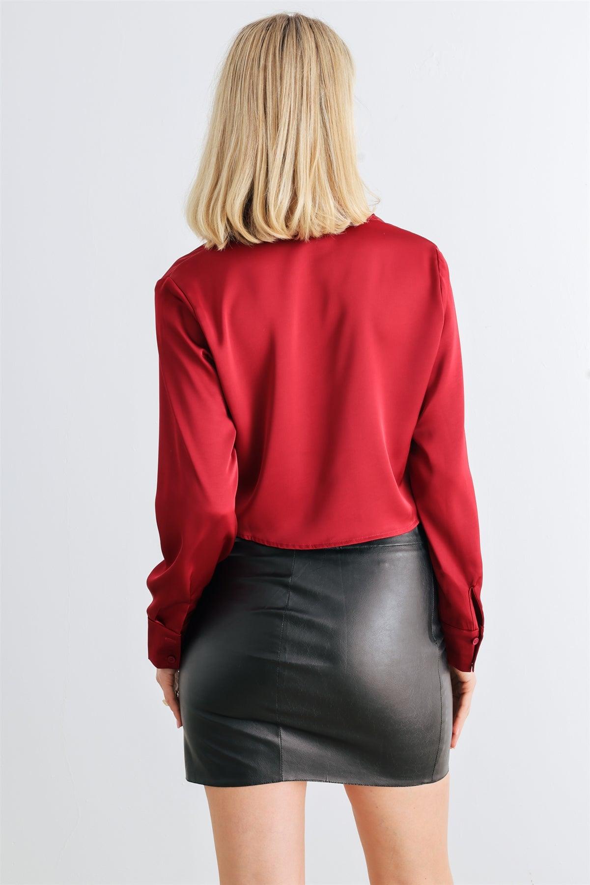 Crimson Satin Button-Up Collared Neck Long Sleeve Crop Top /1-2-2-1