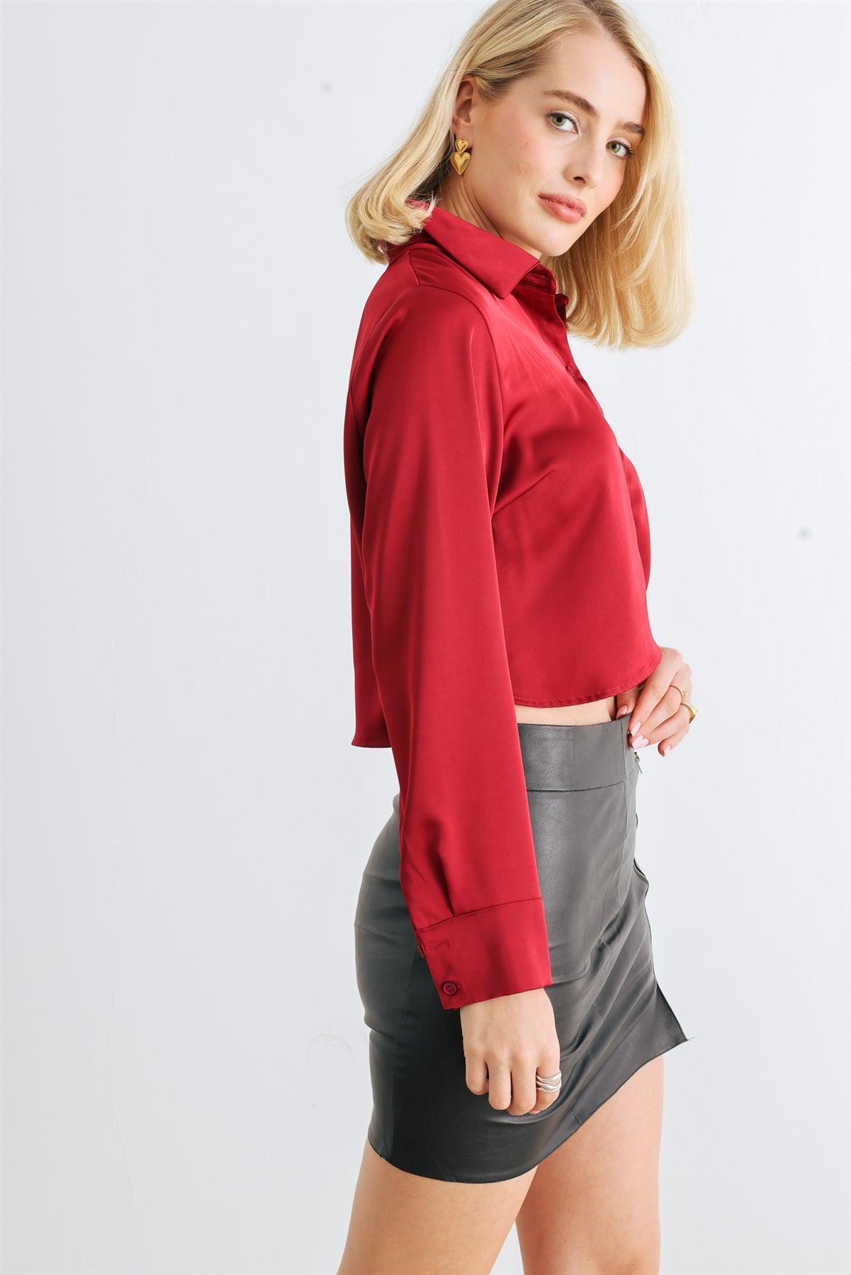 Crimson Satin Button-Up Collared Neck Long Sleeve Crop Top /1-2-2-1