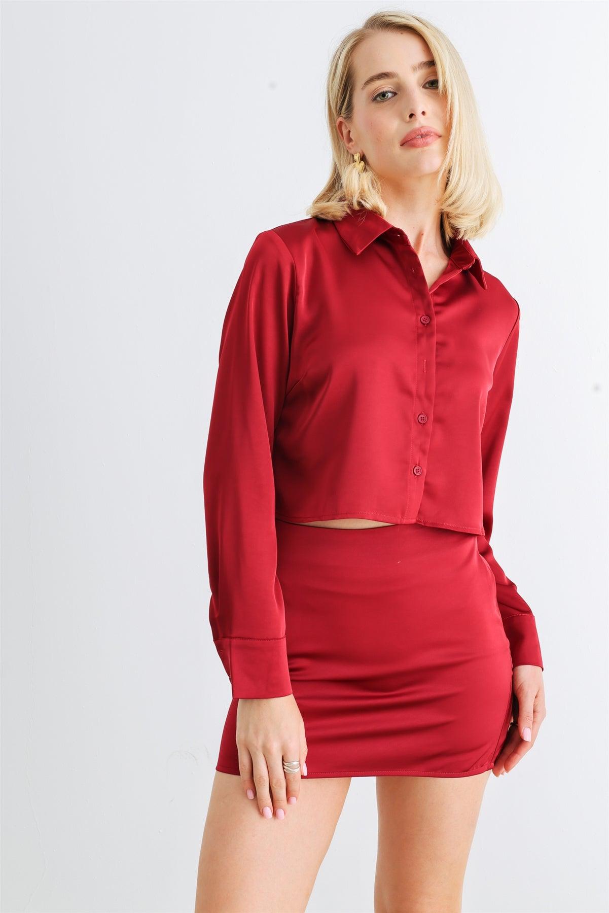 Crimson Satin Button-Up Collared Neck Long Sleeve Crop Top & High Waist Mini Skirt Set /1-2-2-1