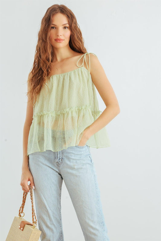 Light Green Ruffle Strappy Flare Hem Top /1-2-2-1