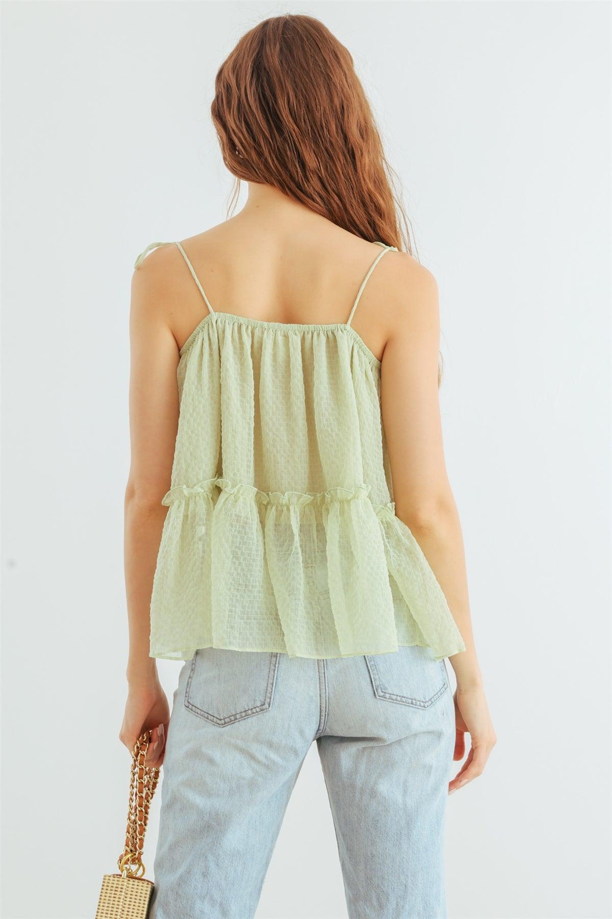 Light Green Ruffle Strappy Flare Hem Top /1-2-2-1