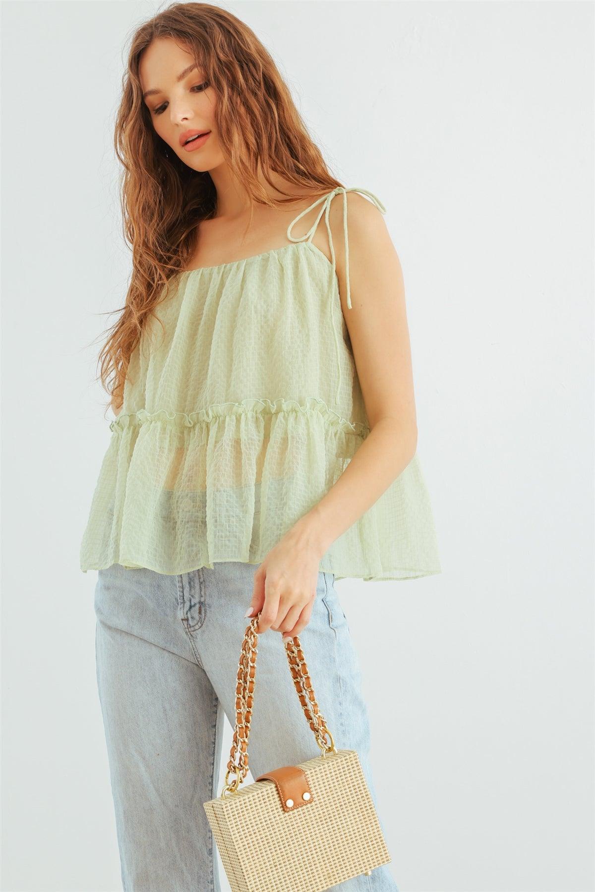 Light Green Ruffle Strappy Flare Hem Top /1-2-2-1