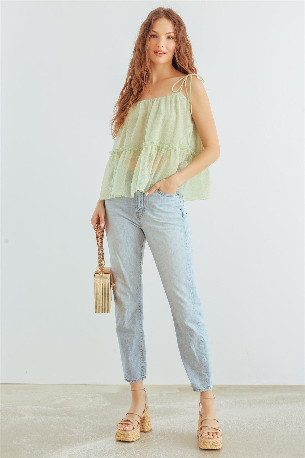 Light Green Ruffle Strappy Flare Hem Top /1-2-2-1