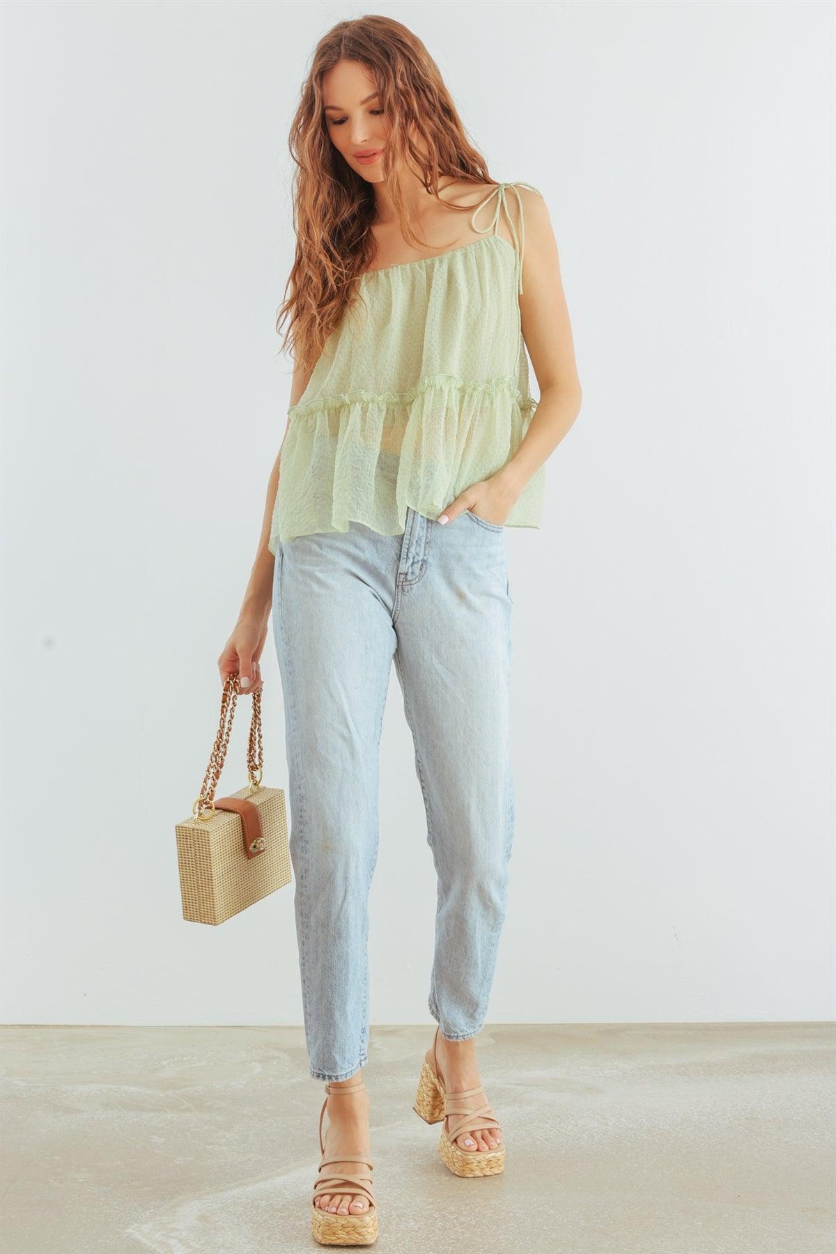 Light Green Ruffle Strappy Flare Hem Top /1-2-2-1