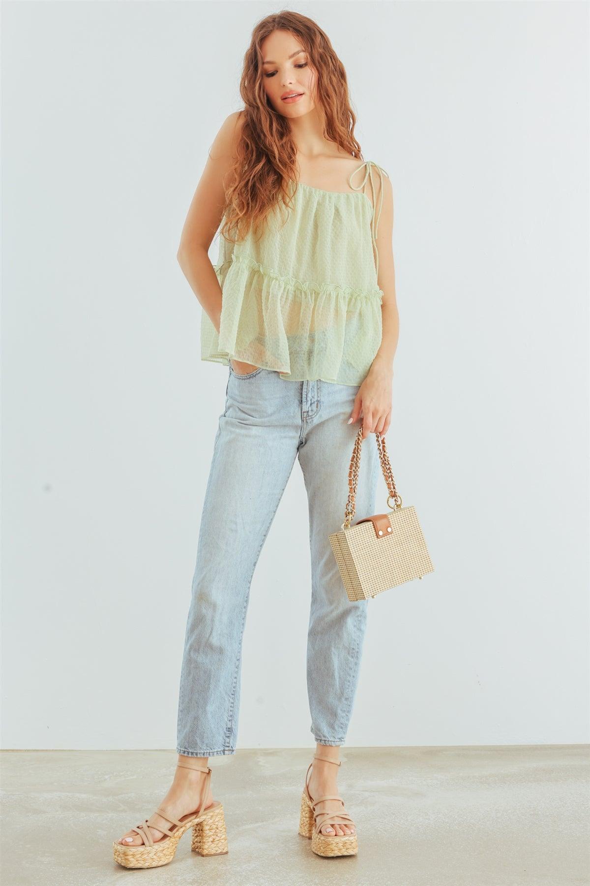 Light Green Ruffle Strappy Flare Hem Top /1-2-2-1