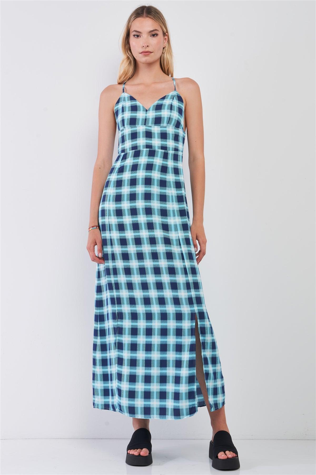 Aqua Glen Check Print Sleeveless V-Neck Criss-Cross Back Detail Slit Sides Maxi Dress /1-2-2-1