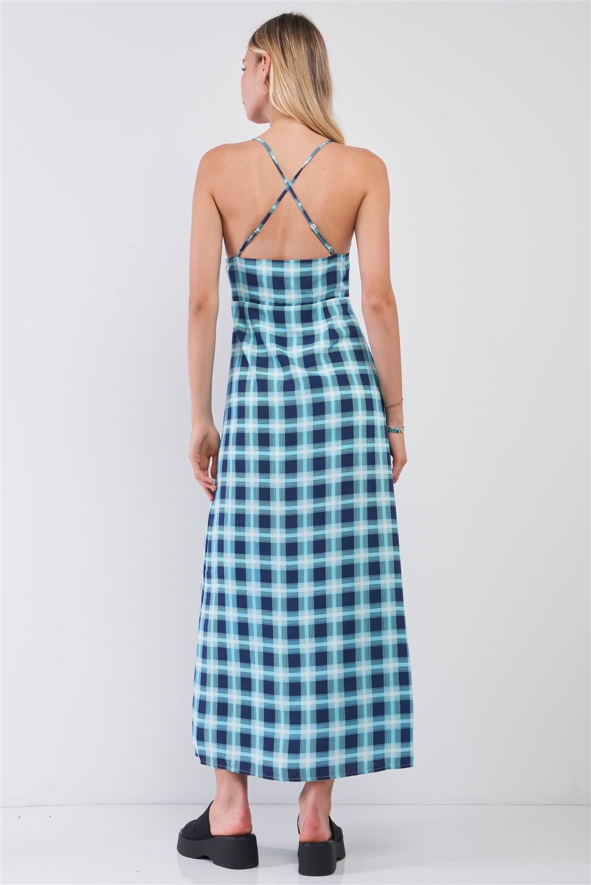 Aqua Glen Check Print Sleeveless V-Neck Criss-Cross Back Detail Slit Sides Maxi Dress /1-2-2-1