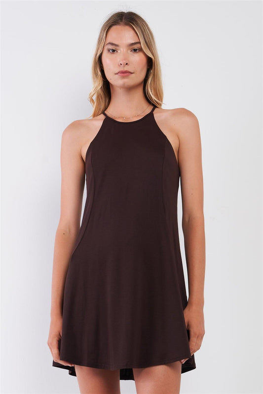 Brown Solid Sleeveless Racer Back Cami Swing Mini Dress /1-2-2-1