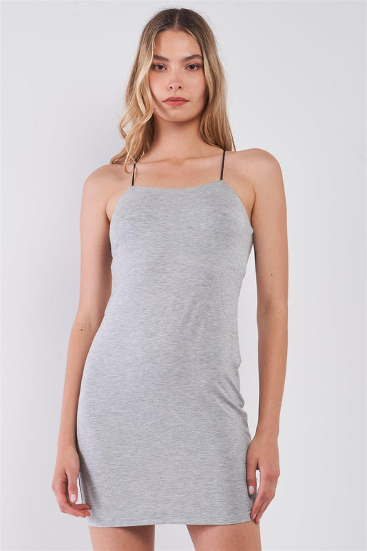 Heather Grey Sleeveless Criss-Cross Back Spaghetti Straps Cut-Out Back Detail Bodycon Mini Dress /1-2-2-1