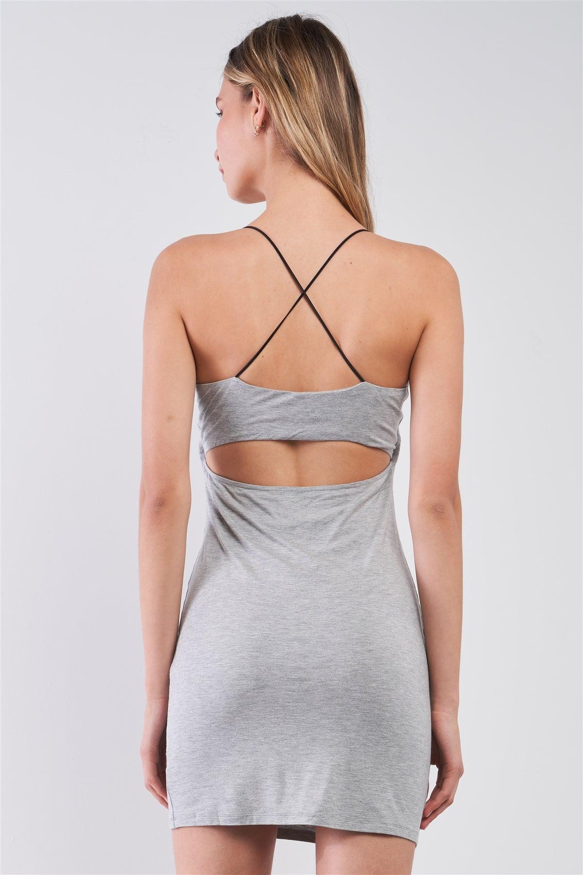 Heather Grey Sleeveless Criss-Cross Back Spaghetti Straps Cut-Out Back Detail Bodycon Mini Dress /1-2-2-1