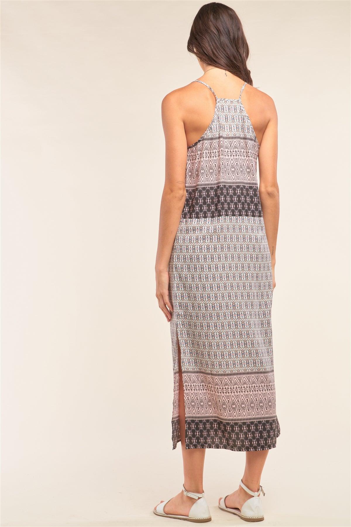 Dust Pink Tribal Print Two Side Slit Sleeveless Maxi Dress /1-3-2