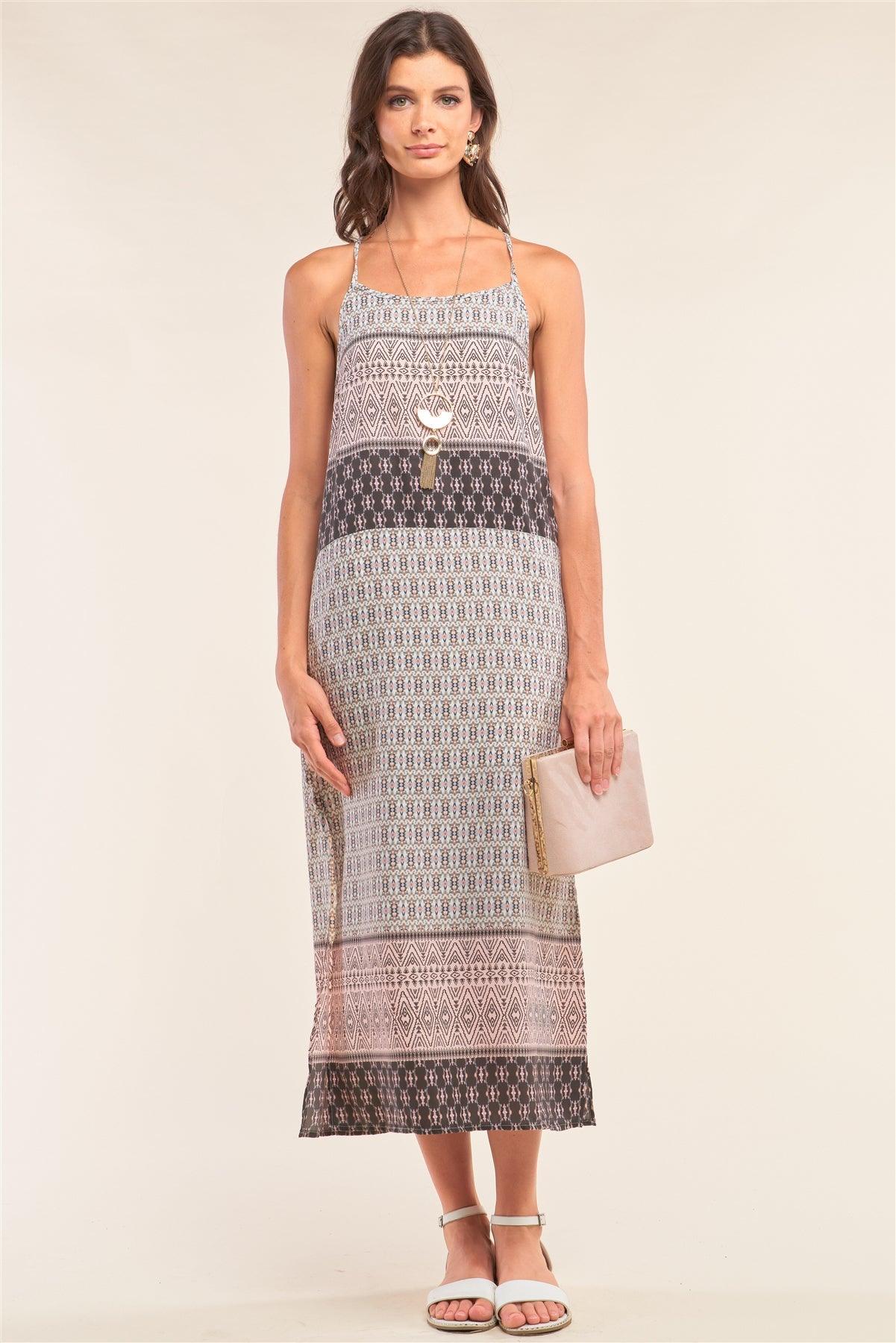 Dust Pink Tribal Print Two Side Slit Sleeveless Maxi Dress /1-3-2