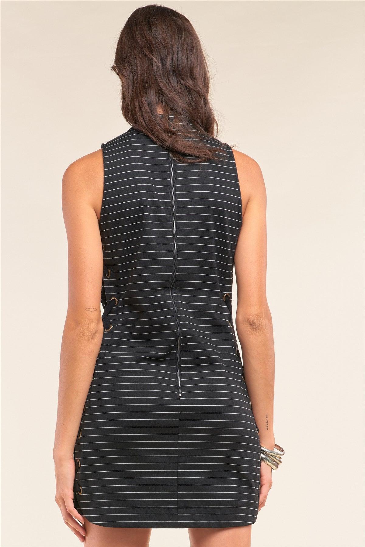 Black Striped Sleeveless Turtleneck Tight Fit Criss-Cross Lace-Up Detail Mini Dress /1-2-3-1