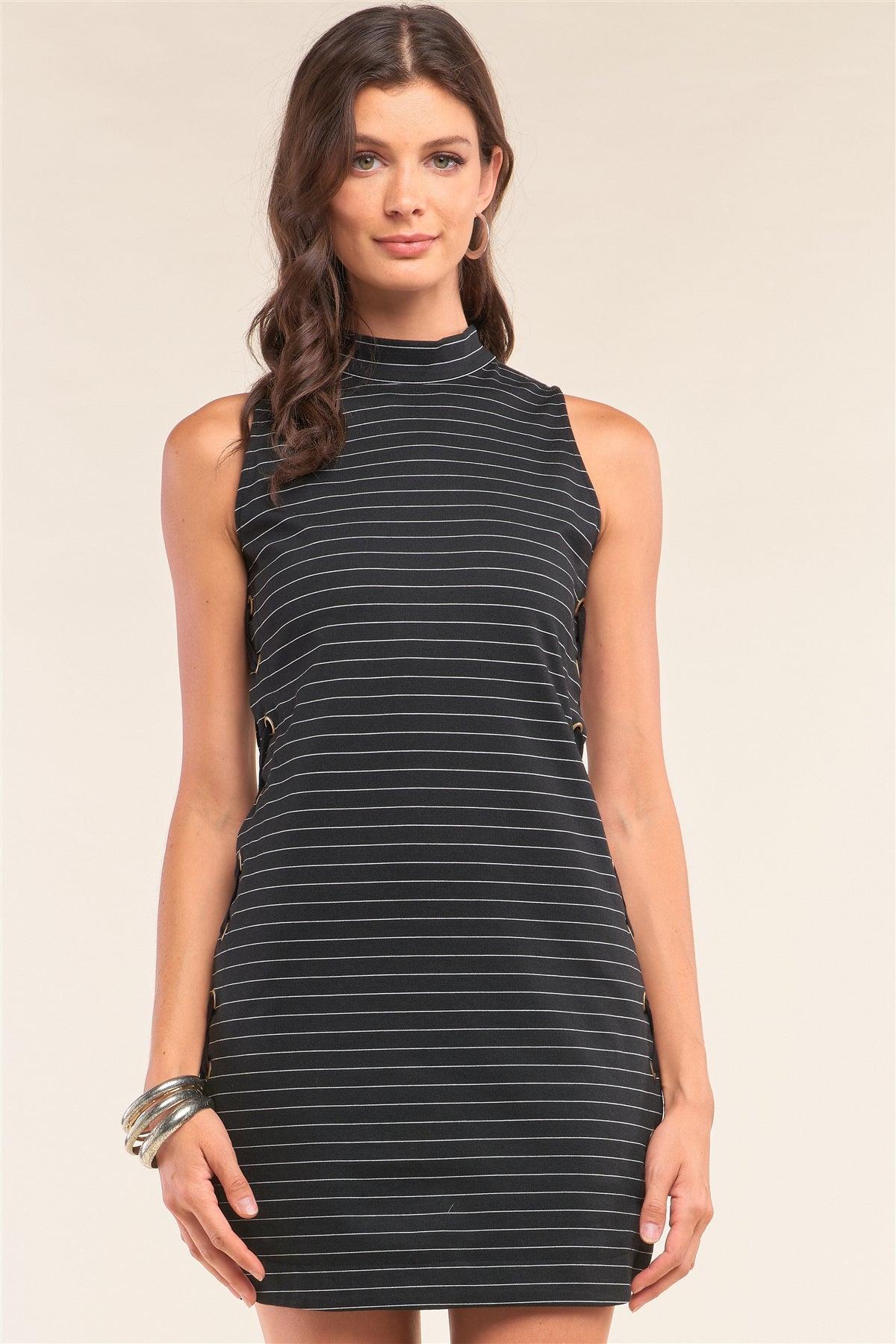 Black Striped Sleeveless Turtleneck Tight Fit Criss-Cross Lace-Up Detail Mini Dress /1-2-3-1