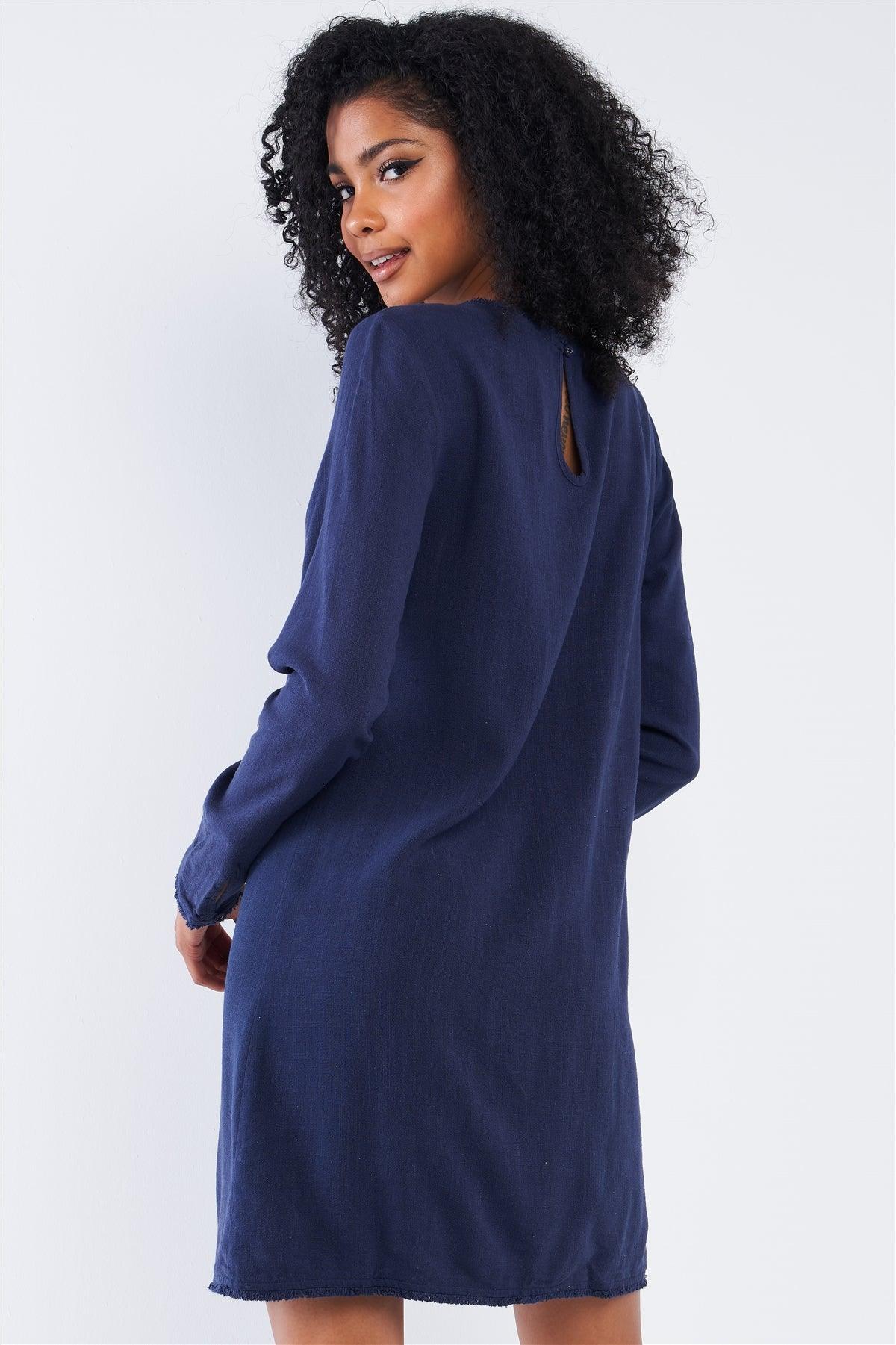 Plain Navy Blue Linen Shredded Detail Hem Round Neck Relaxed Fit Long Sleeve Mini Dress /1-2-2-1