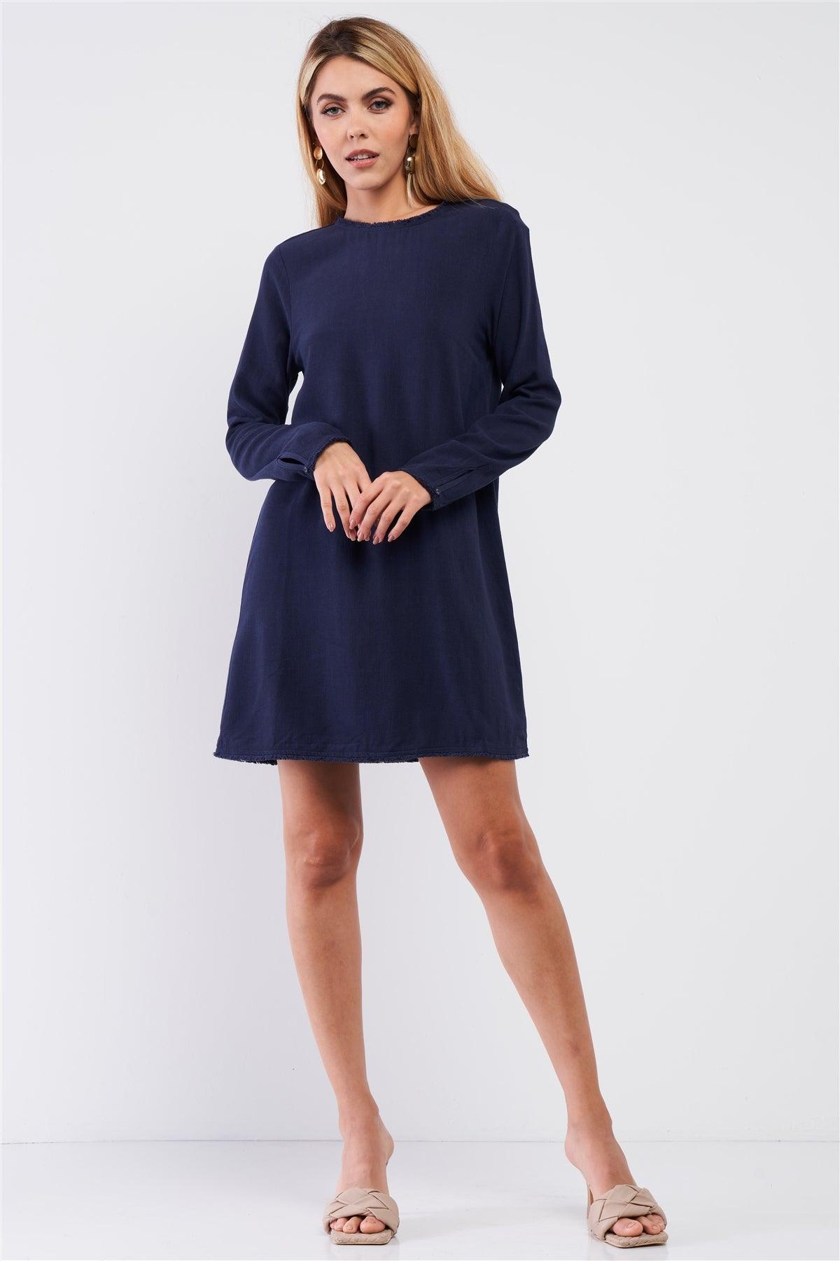 Plain Eco Navy Blue Linen Shredded Hem Detail Round Neck Relaxed Fit Long Sleeve Mini Dress /1-2-1-1