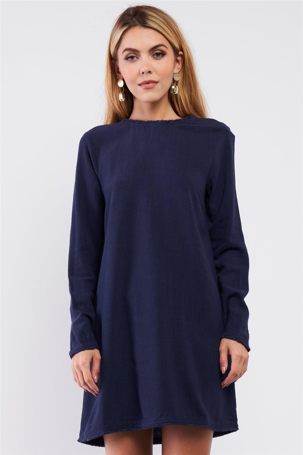 Plain Eco Navy Blue Linen Shredded Hem Detail Round Neck Relaxed Fit Long Sleeve Mini Dress /1-2-1-1