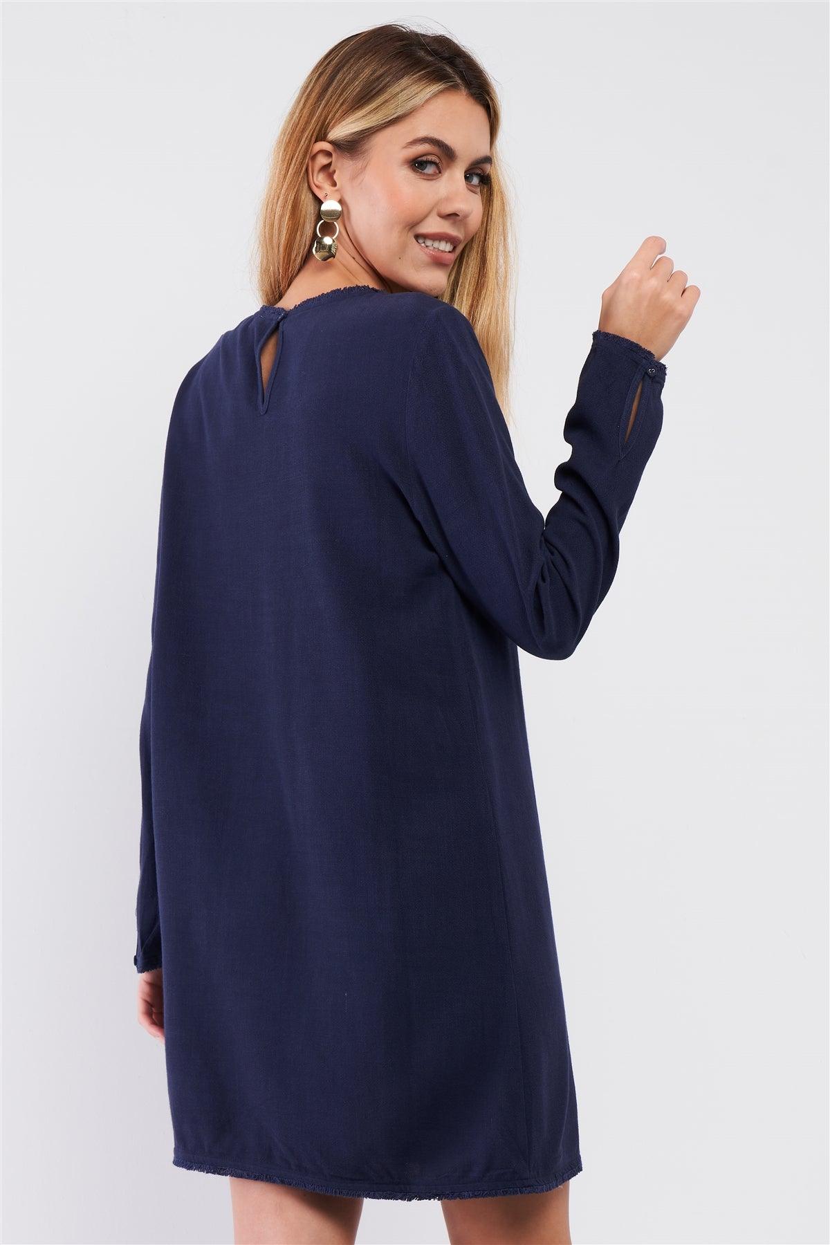 Plain Eco Navy Blue Linen Shredded Hem Detail Round Neck Relaxed Fit Long Sleeve Mini Dress /1-2-1-1