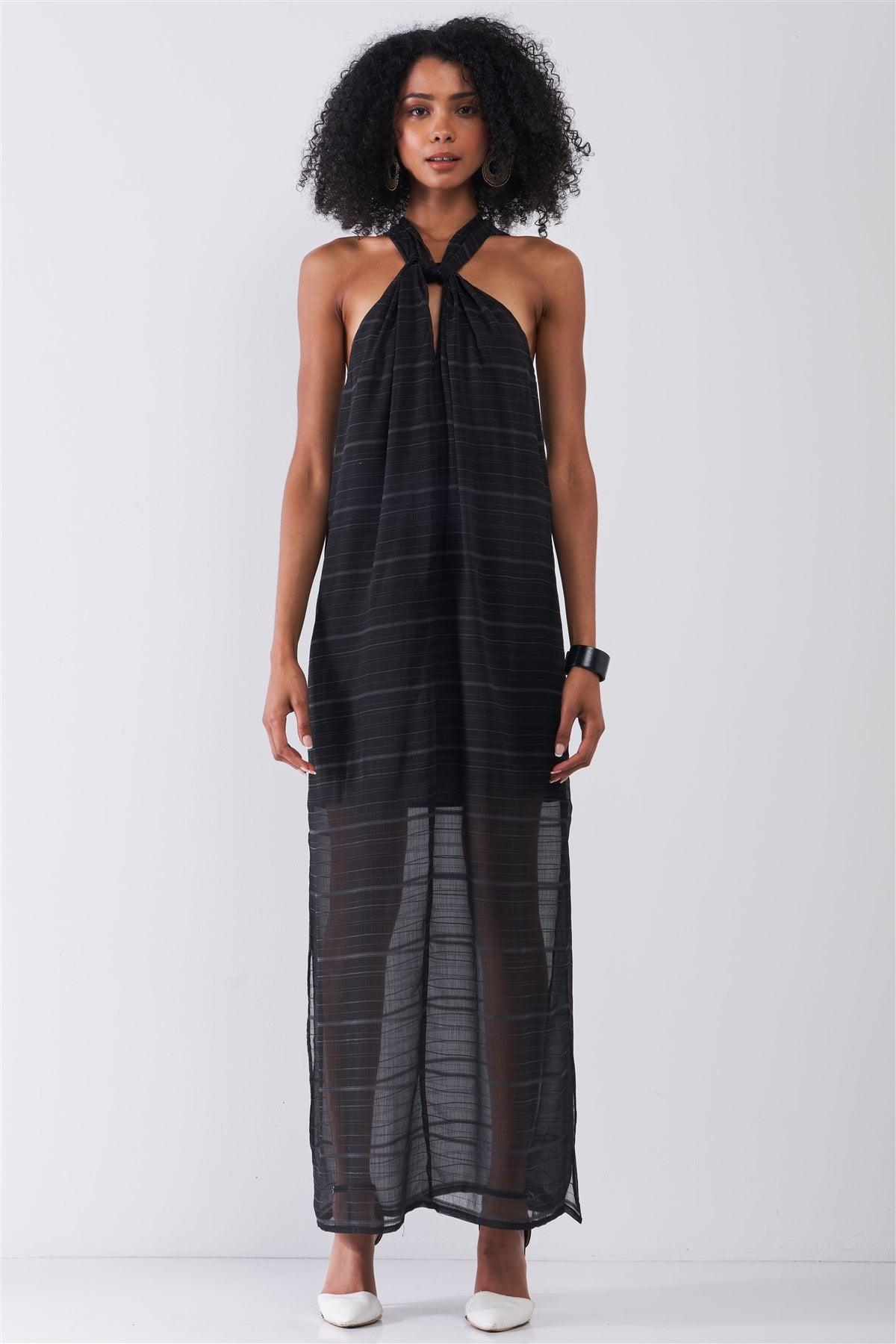 Black Stripped Chiffon Sleeveless Criss-Cross Halter Neck Maxi Dress /1-1-2