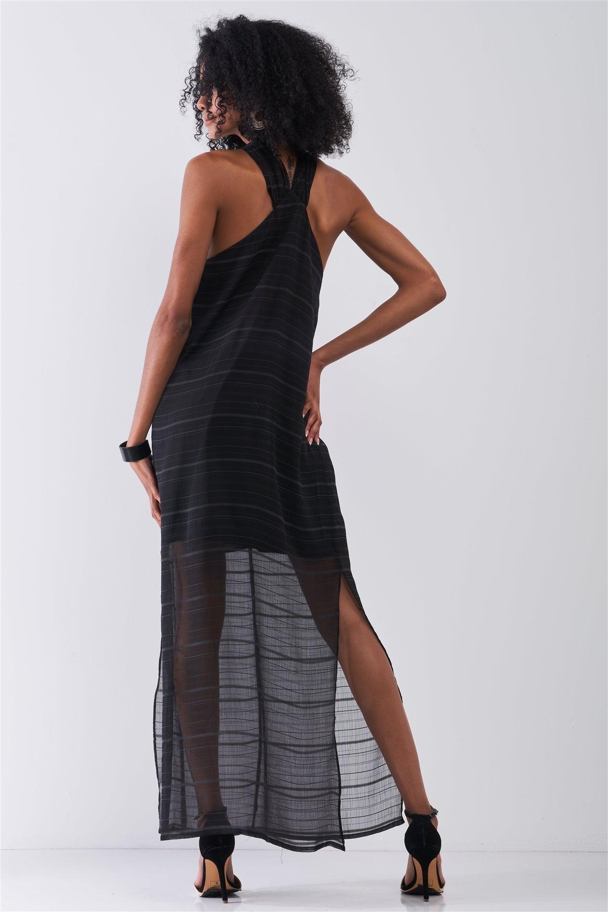 Black Stripped Chiffon Sleeveless Criss-Cross Halter Neck Maxi Dress /1-1-2