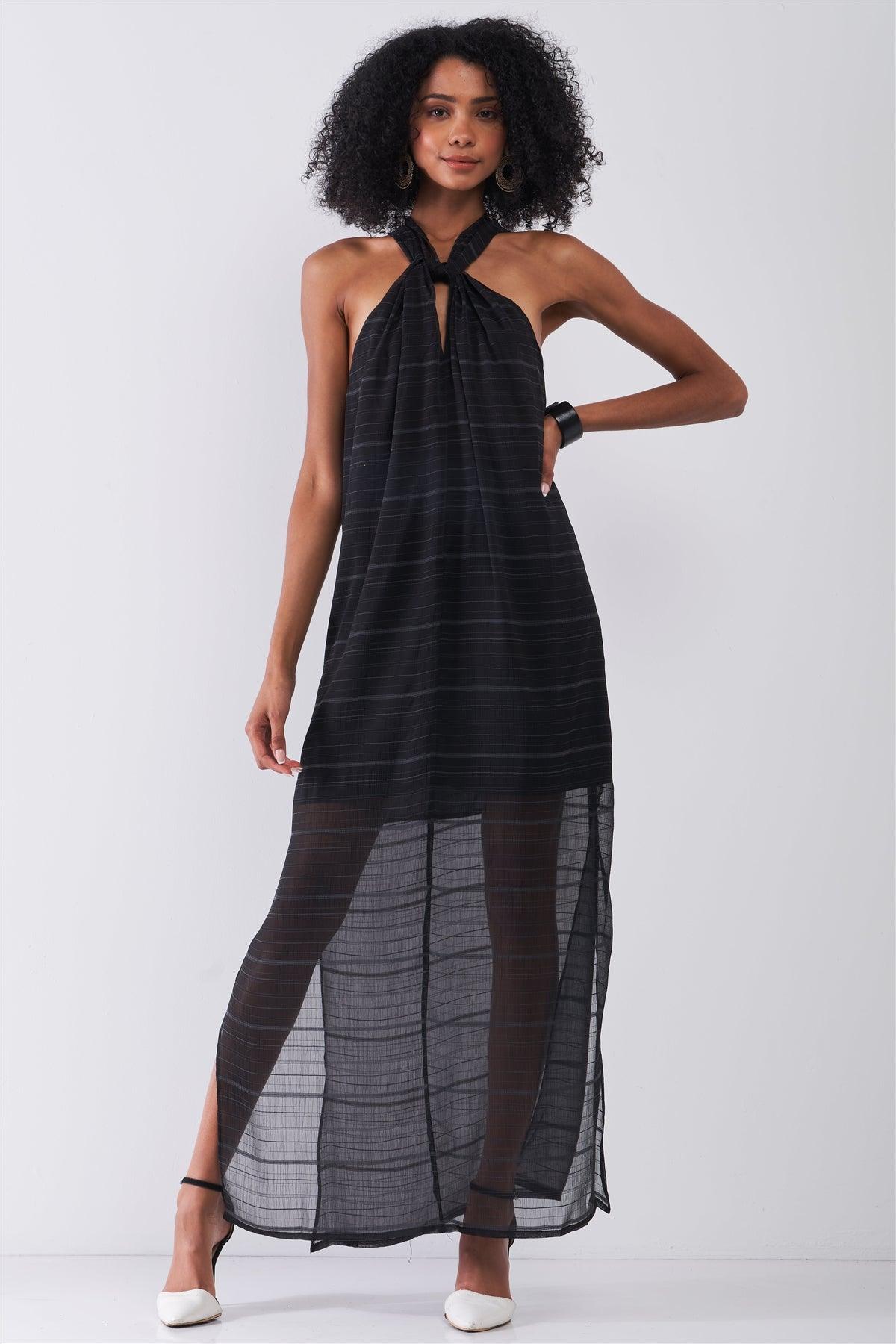 Black Stripped Chiffon Sleeveless Criss-Cross Halter Neck Maxi Dress /1-1-2