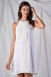 Solid White Pleated Front Mock Tuxedo Trim Loose Fit Sleeveless Round Neck Mini Dress /1-2-2-1