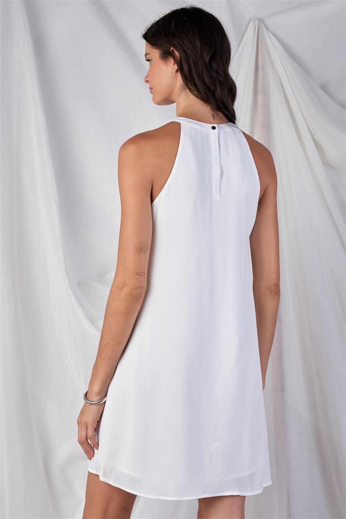 Solid White Pleated Front Mock Tuxedo Trim Loose Fit Sleeveless Round Neck Mini Dress /1-2-2-1