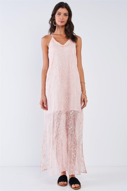 Blush Pink Boho Chic Embroidered Sleeveless V-Neck Festival Maxi Dress /1-2-2-1