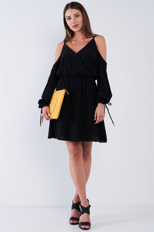 Black Wrap V-Neck Long Off-The-Shoulder Draw String Tie With Aglet Tip Sleeve Mini Dress /1-2-2-1