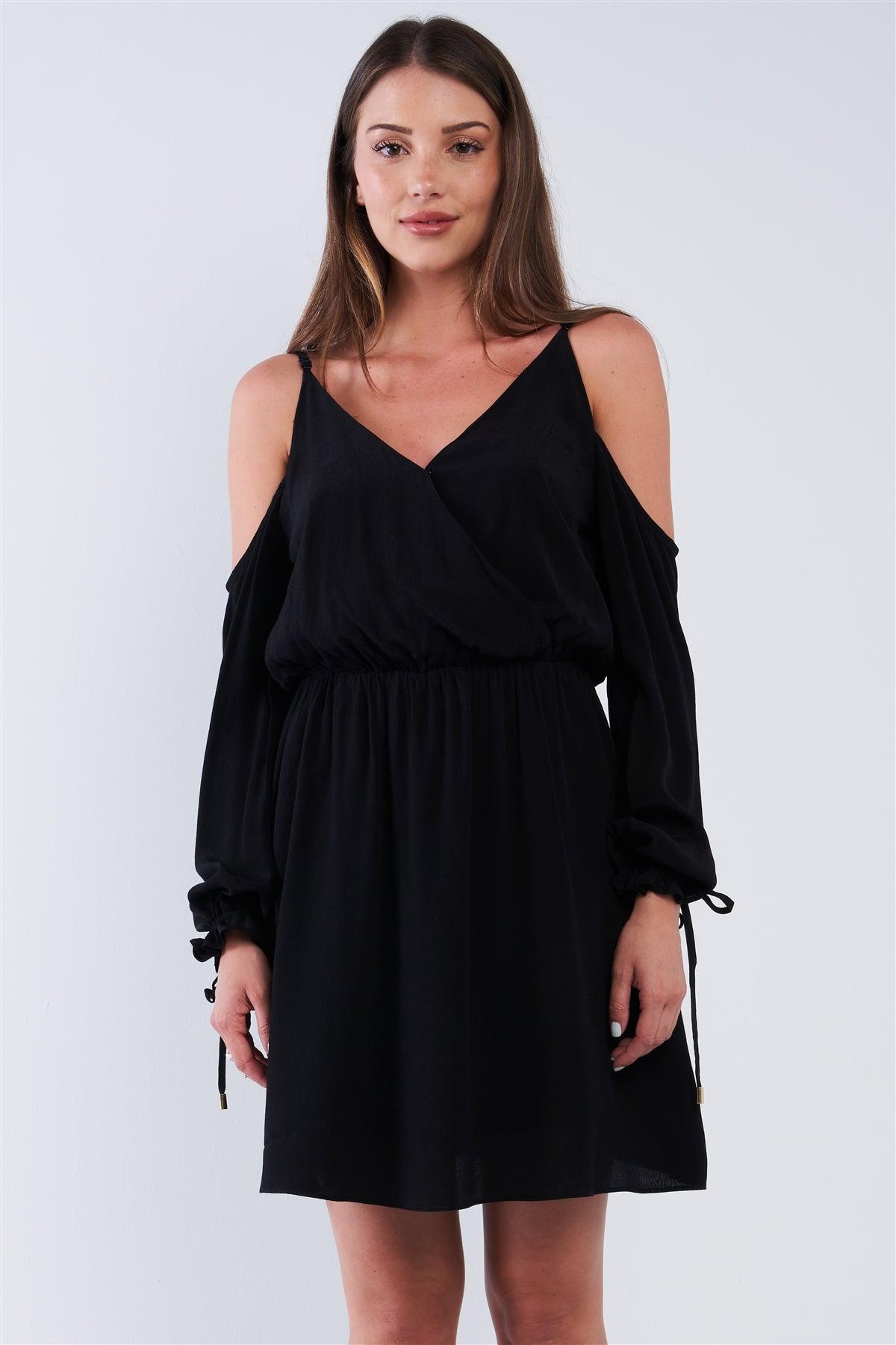 Black Wrap Deep Plunge V-Neck Long Off-The-Shoulder Draw String Aglet Tip Hem Sleeve Mini Dress /2-1-3