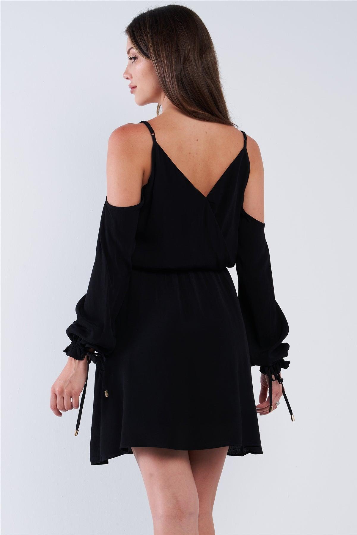 Black Wrap Deep Plunge V-Neck Long Off-The-Shoulder Draw String Aglet Tip Hem Sleeve Mini Dress /2-1-3