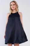 Solid Navy Blue Satin Front Cloth Back Sleeveless Loose Fit Mini Dress /2-3-2-1