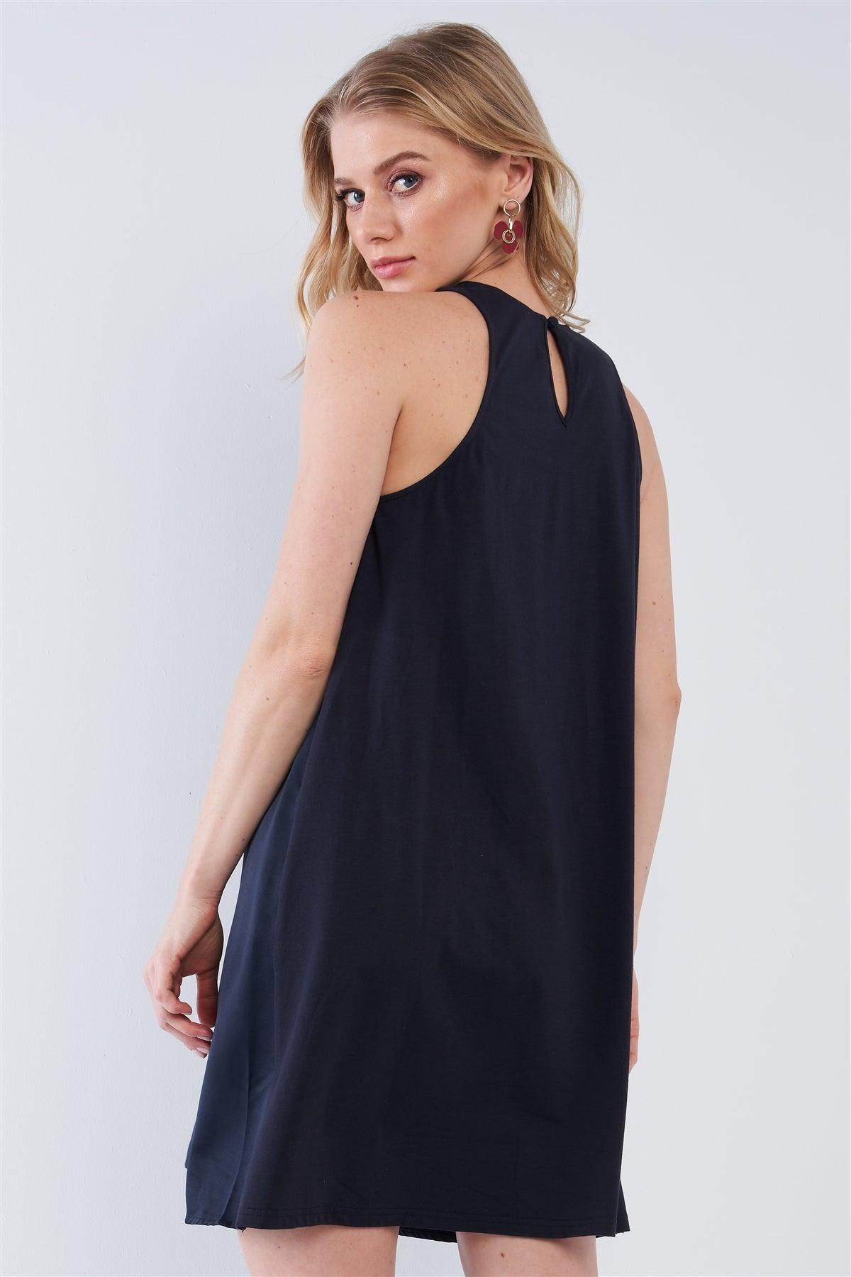 Solid Navy Blue Satin Front Cloth Back Sleeveless Loose Fit Mini Dress /2-3-2-1