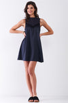 Dark Navy Combined Sleeveless Satin Front Lace Trim Mock Neck Mini Dress /1-2-1