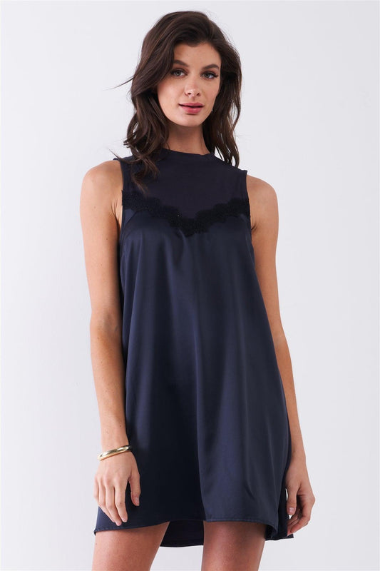 Dark Navy Combined Sleeveless Satin Front Lace Trim Mock Neck Mini Dress /1-2-2-1