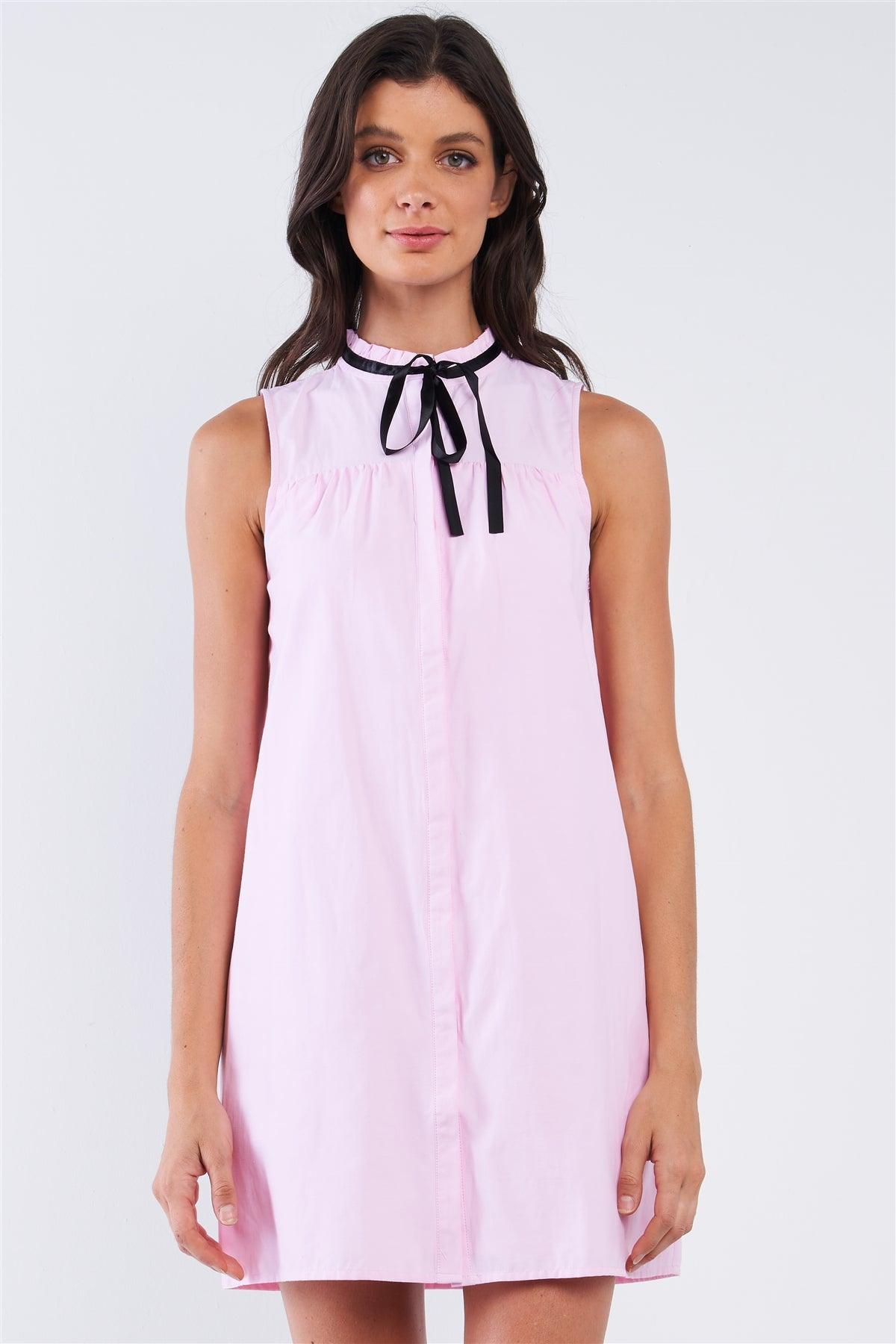 Baby Pink Button Down Sleeveless Ribbon Tie Lettuce Hem Round Neck Loose Fit Babydoll Mini Dress /1-2-2-1