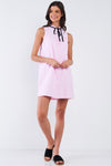 Baby Pink Button Down Sleeveless Ribbon Tie Lettuce Hem Round Neck Loose Fit Babydoll Mini Dress /1-1-3-1