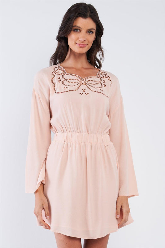 Nude Long Sleeve Self-Tie Elastic Waist Crochet Butterfly Shaped Serpent Cut Out Chest Embroidery Detail Mini Dress /1-2-2-1