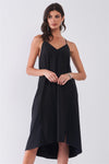 Black Sleeveless V-Neck Two Front Slit Contrast Stretchy Back Fabric Asymmetrical Hem Midi Dress /1-2-2-1