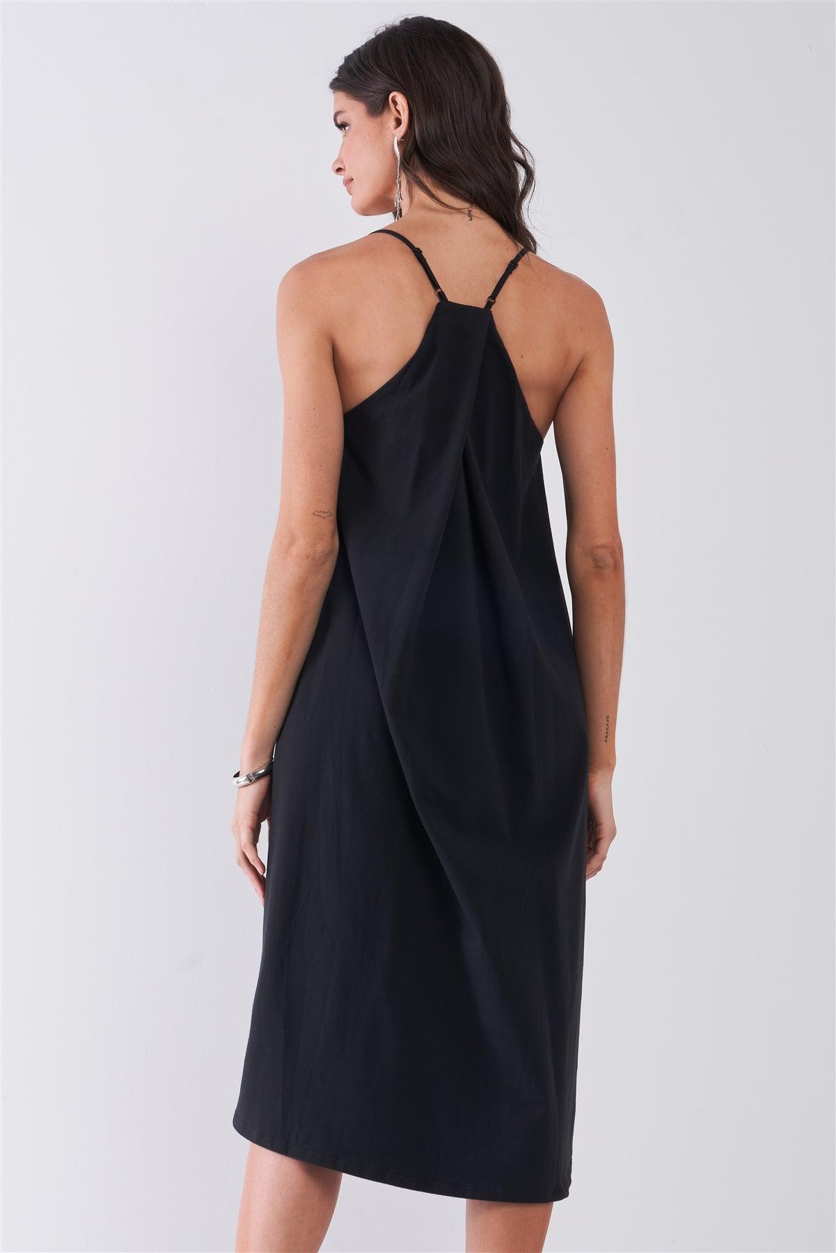 Black Sleeveless V-Neck Two Front Slit Contrast Stretchy Back Fabric Asymmetrical Hem Midi Dress /1-2-2-1