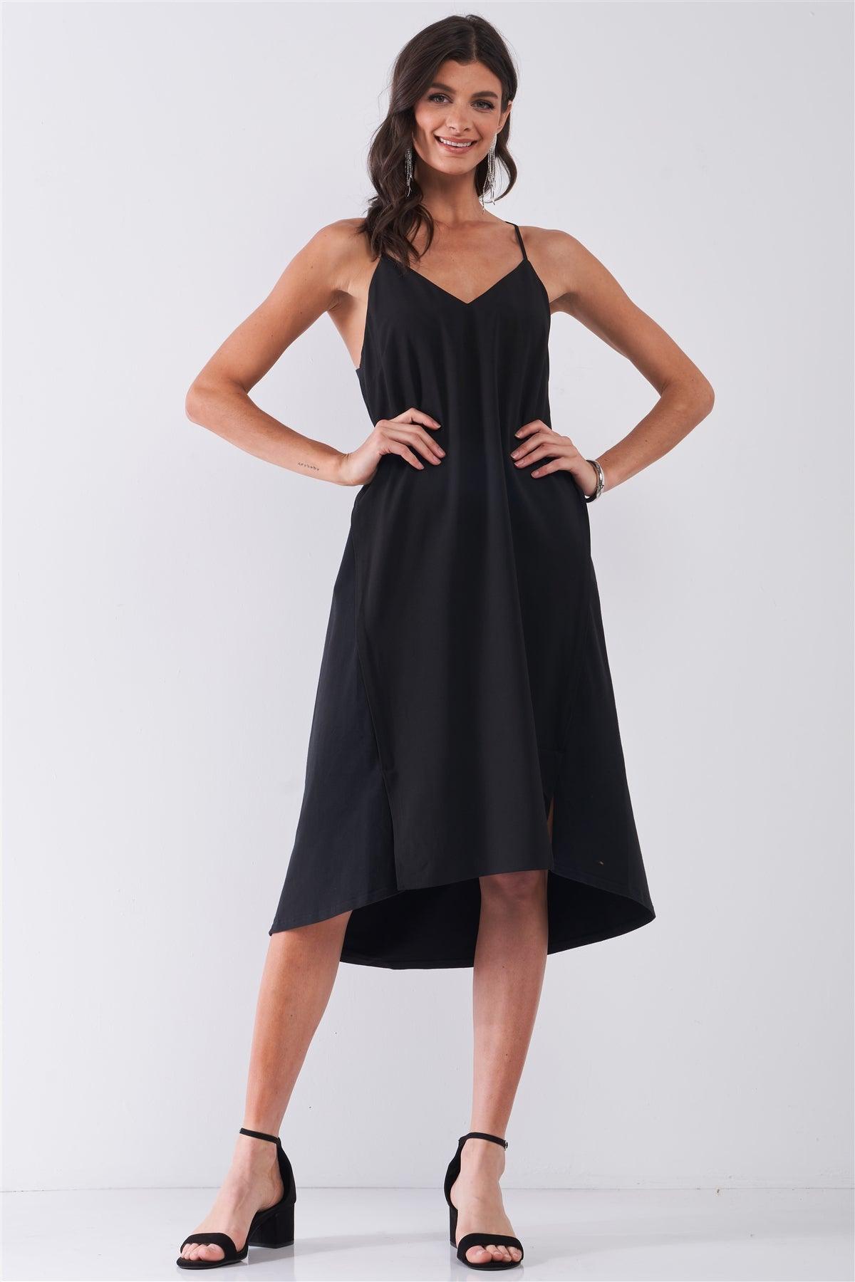 Black Sleeveless V-Neck Two Front Slit Contrast Stretchy Back Fabric Asymmetrical Hem Midi Dress /1-2-2-1