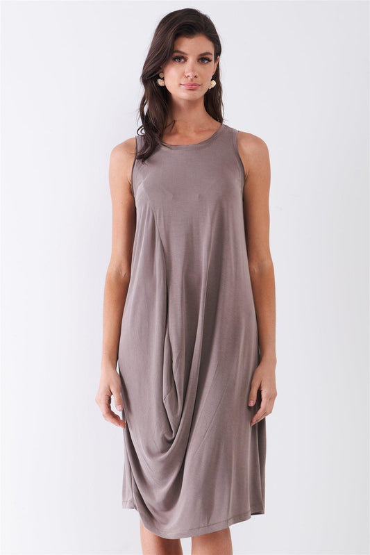 Stone Brown Sleeveless Round Neck Gathered Front Detail Relaxed Fit Midi Dress /1-2-2-1