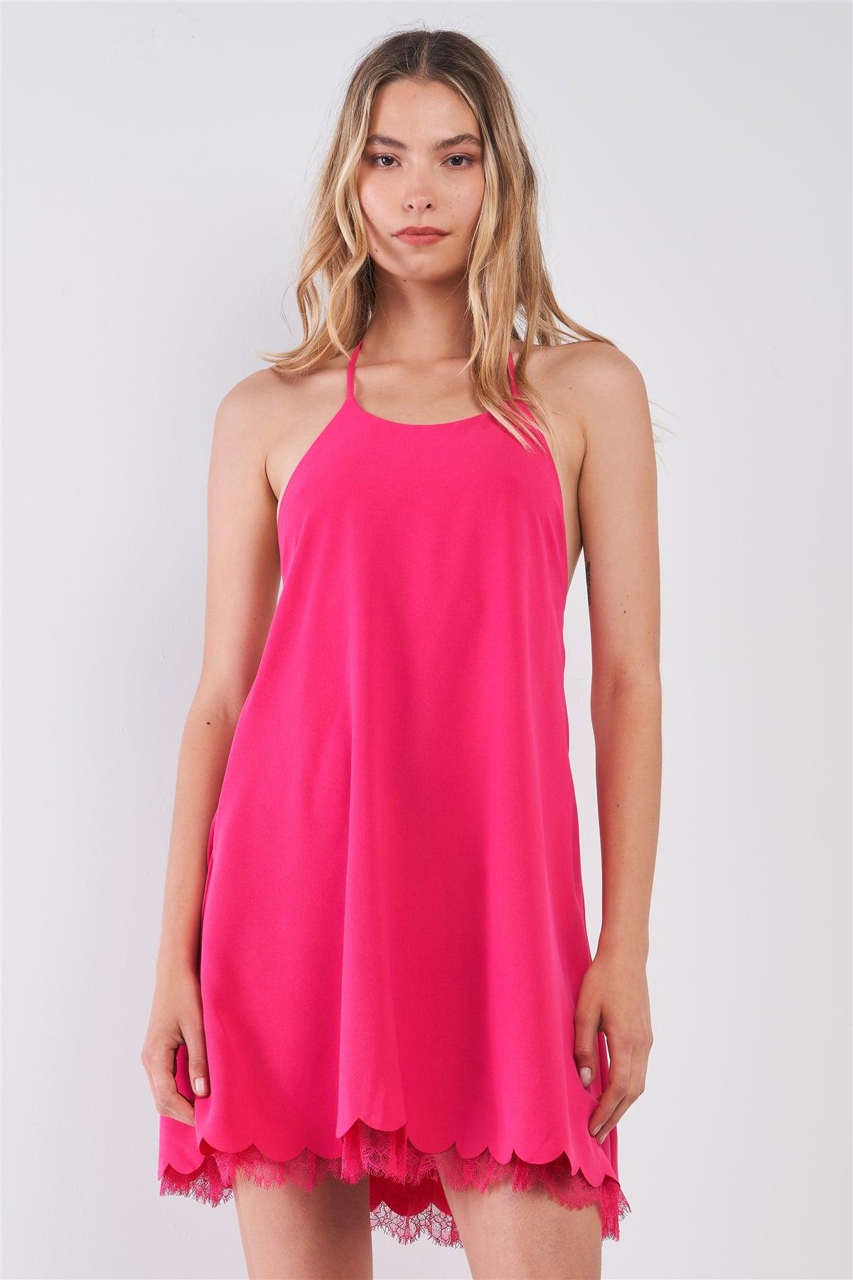 Fuchsia Pink Sleeveless Halter-Tie Neck Self-Tie Open Back Detail Lace Trim Scallop Hem Babydoll Mini Dress /1-2-2-1