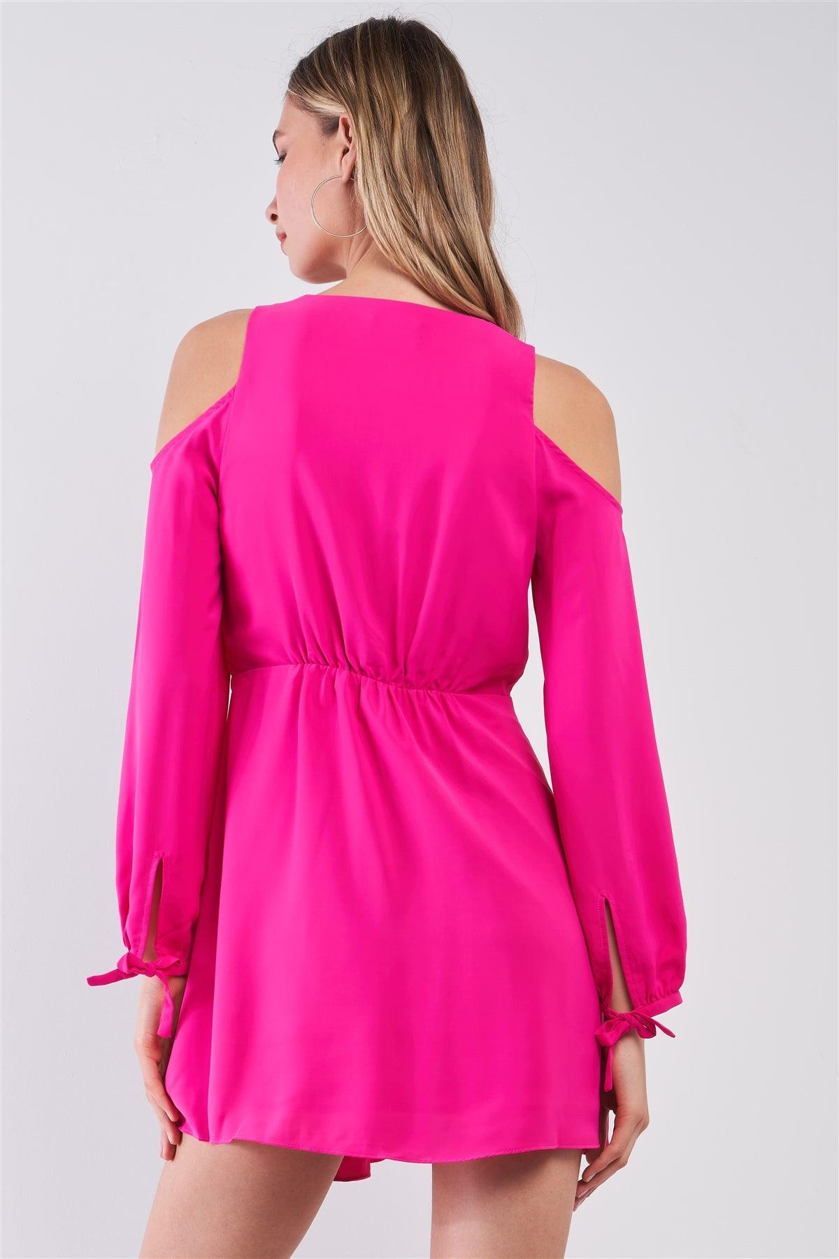 Bright Magenta Cold Shoulder Self-Tie Long Sleeve Wrap V-Neck Pleated Front Detail Mini Dress /1-2-2-1