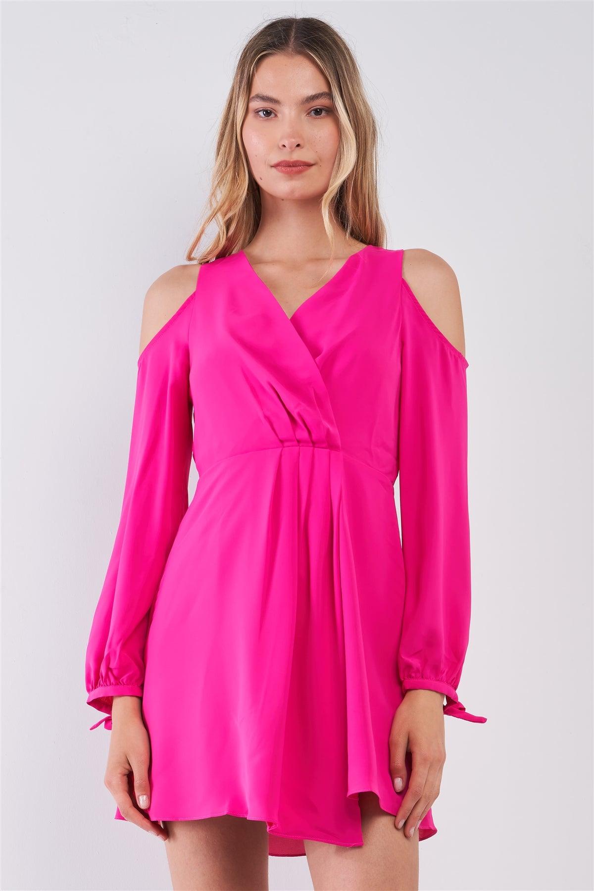 Bright Magenta Cold Shoulder Self-Tie Long Sleeve Wrap V-Neck Pleated Front Detail Mini Dress /1-2-3