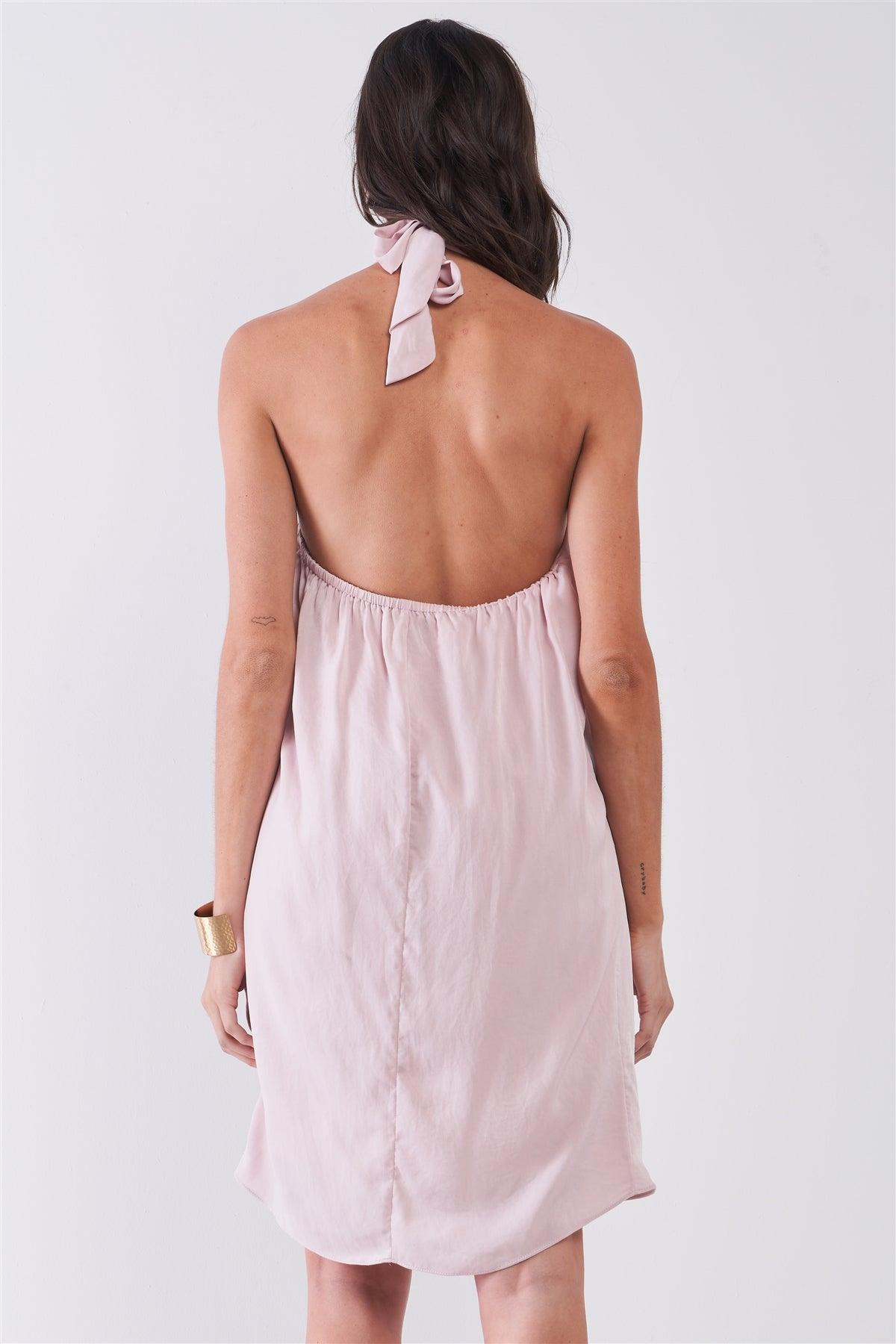 Solid Blush Satin Open Back Self-Tie Halter Cowl Neck Tube Mini Dress /2-3