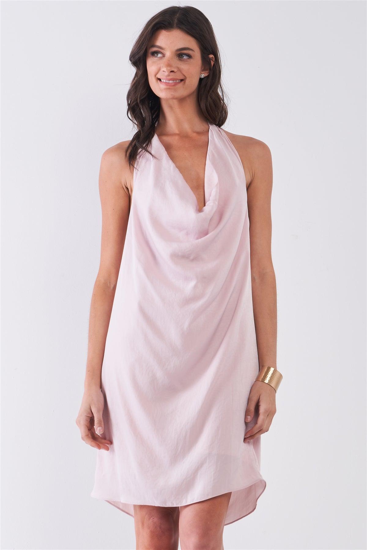 Solid Blush Satin Open Back Self-Tie Halter Cowl Neck Tube Mini Dress /2-3