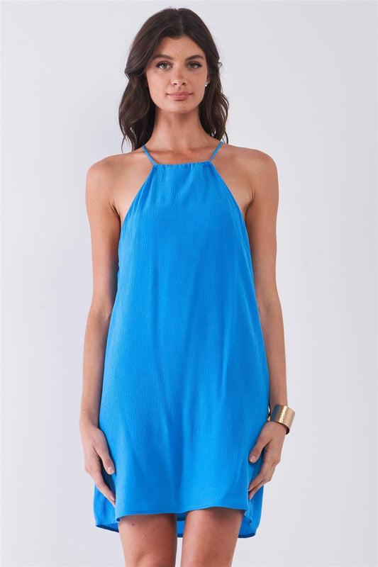 Sky Blue Sleeveless Square Neck Loose Fit Mini Dress /1-2-2-1