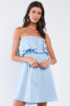 Baby Blue Sleeveless Relaxed Fit Tube Ruffle Chest Hem Mini Dress /1-2-2-1